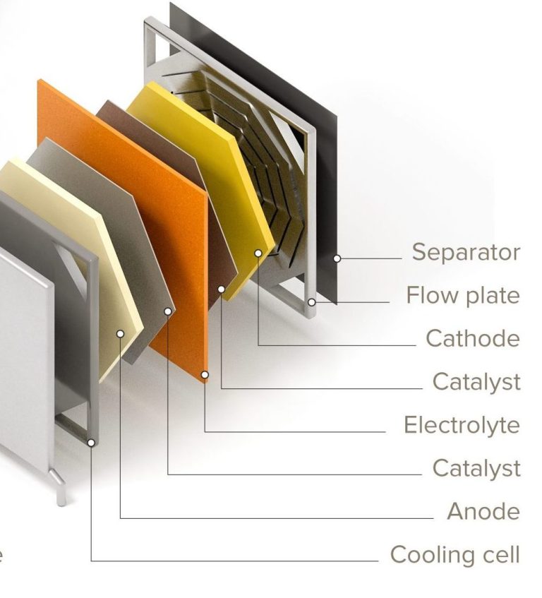 Hydrogen fuel cells produce electricity from the energy released during the chemical reaction of hydrogen and oxygen