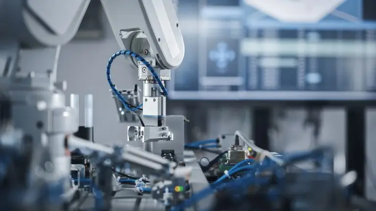 Robotics Industry Four Engineering Facility Robot Arm Moving at Different Directions. High Tech Industrial Technology Using Modern Machine Learning. Mass Production Automatics