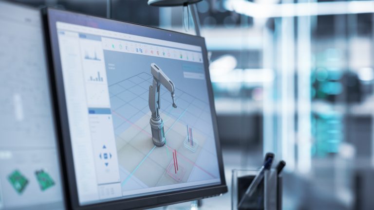 Close Up of a Computer Monitor Display with 3D Software Interface with Digital Robotic Arm Operation Tool. Concept of Technological Research and Development Application