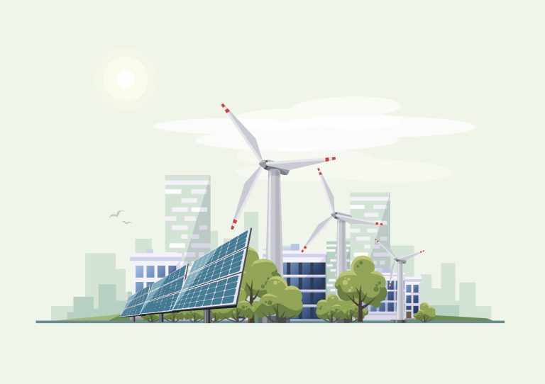 Green Eco City Urban with Solar Panels and Wind Turbines